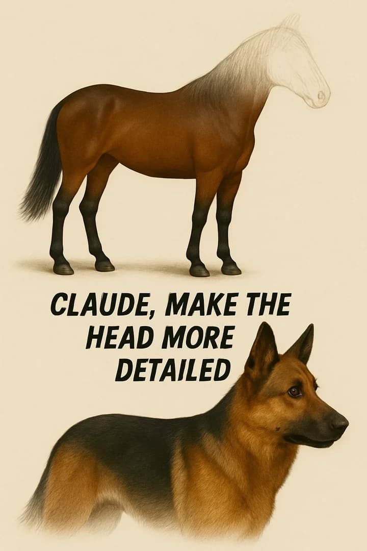 Tweet by r_marked: 'Meanwhile Claude 3.7' and image illustration with detailed drawn horse, with underdrawn head. then the title: 'Claude, make the head more detailed'. And the next picture with a detailed horse head but a dog torso.