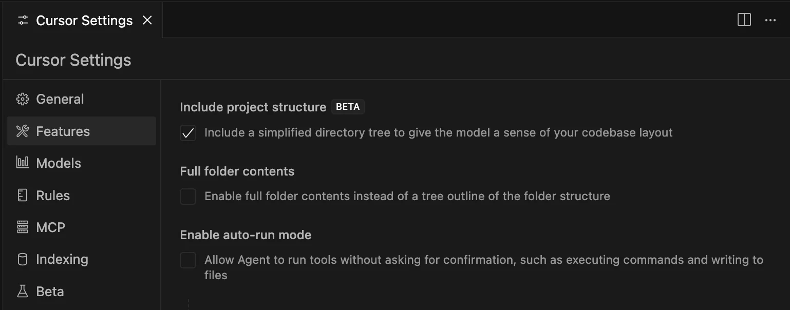 Cursor settings to pass project structure to AI Coding Agent