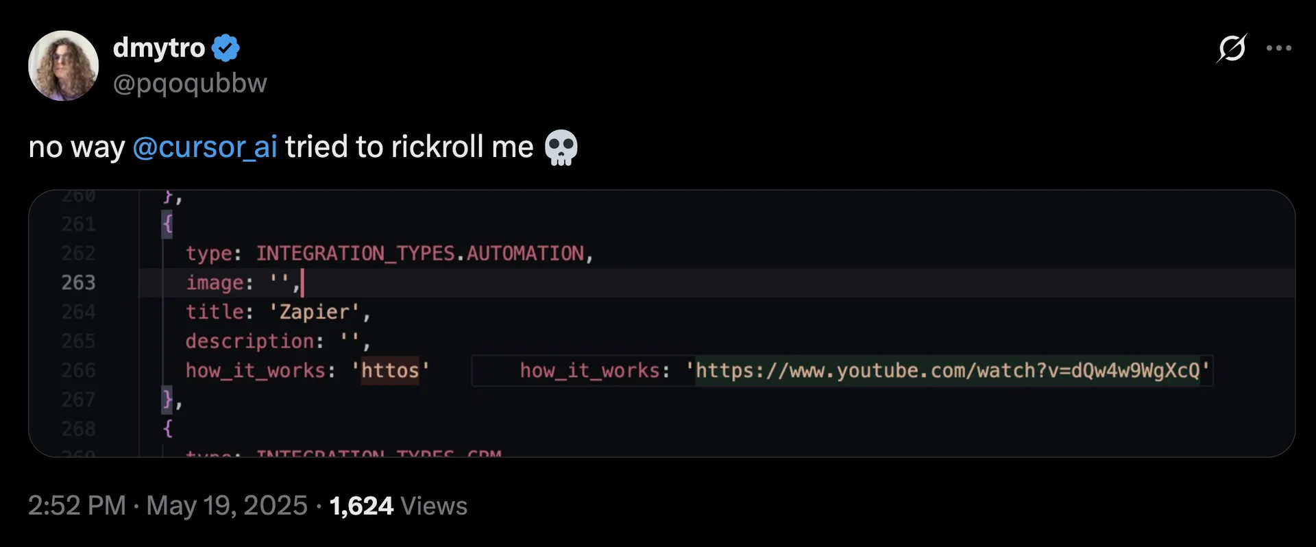 Tweet by dmytro @pqoqubbw: 'no way @cursor_ai tried to rickroll me 💀'.